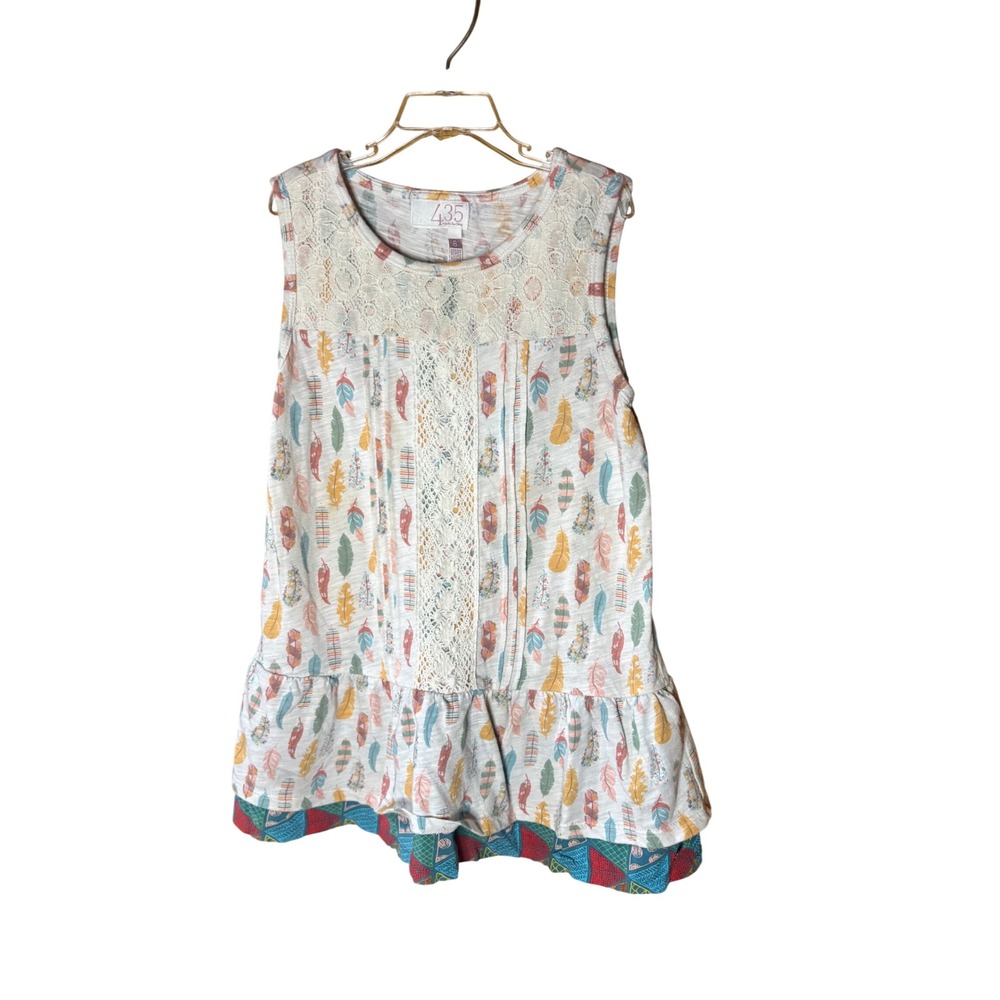 Matilda Jane 435 Girls Feather Print Lace Tunic Top Size 8 Sleeveless Ruffle Hem